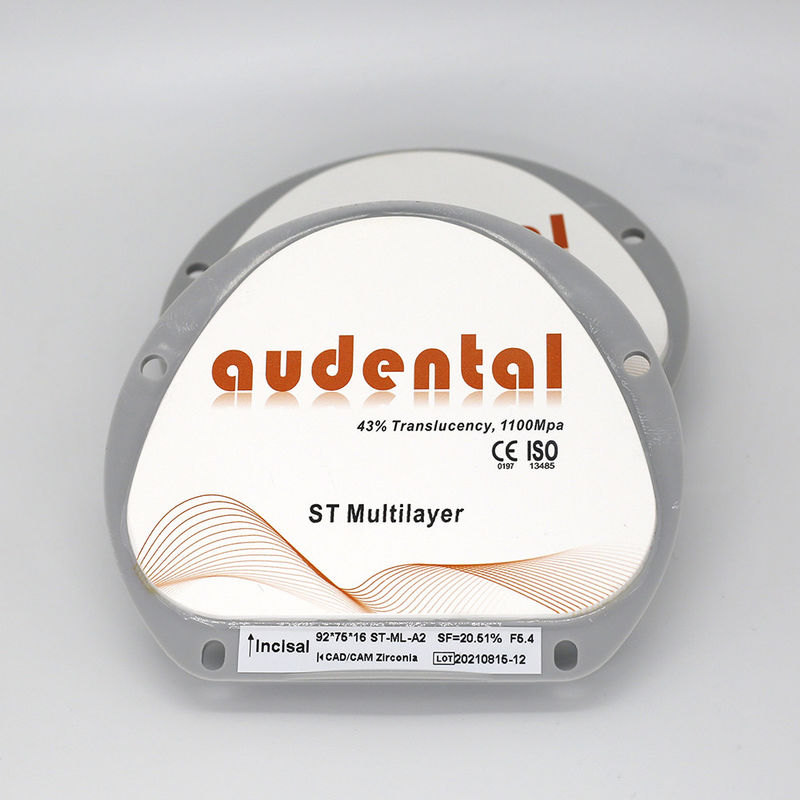 1100Mpa 43% แพร่ใส ST หลายชั้น Zirconia บล็อกสําหรับ veneers เรียบเรียบ Vita 16 สี