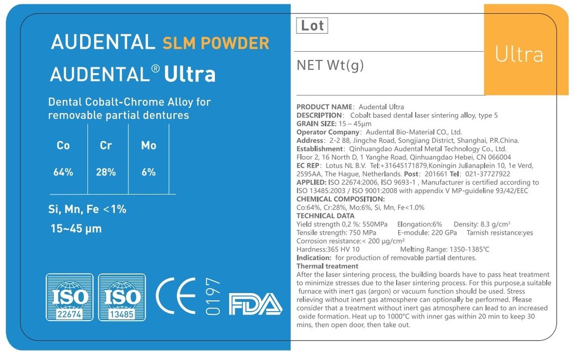 Audental Ultra SLM Powder วัสดุ CoCrMo สําหรับ CE FDA IdentAlloy การพิมพ์โลหะ 3 มิติที่ได้รับการรับรองของทันตแพทย์
